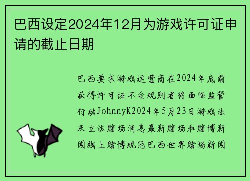 巴西设定2024年12月为游戏许可证申请的截止日期